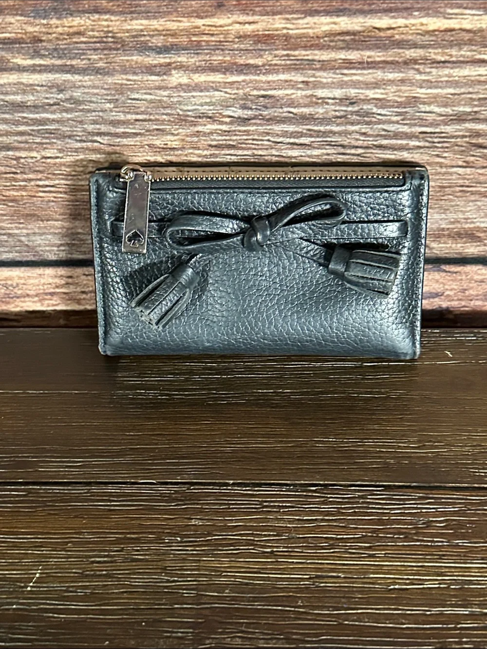 kate spade Black Leather Hayes Street Mikey Bow Tassel Zip Card Wallet